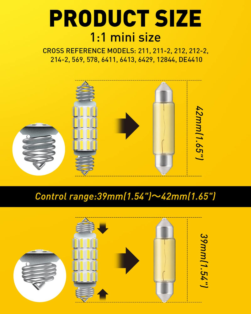 AUXITO 578 LED Bulb 211-2 212-2 Light Bulb 39 41 42MM Interior Lights 6500K White Super Bright 4014 SMD Festoon Error Free for Car Truck LED Dome Map Door License Plate Courtesy Lights Bulbs, 2 Pack 39mm-42mm 2 PACK