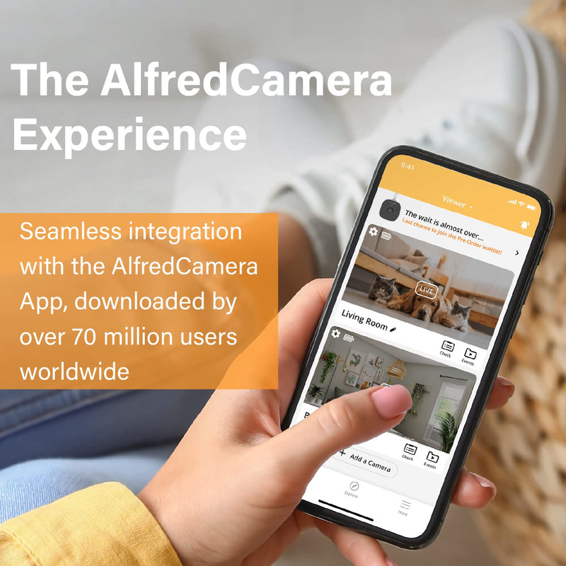 AlfredCam Indoor WiFi Security Camera, FullHD 1080P, 2.4G/WiFi, Continuous Recording, Motion Detection, Night Vision, Baby Monitor/Pet/Nanny Cam, App Powered (70M+ downloads)