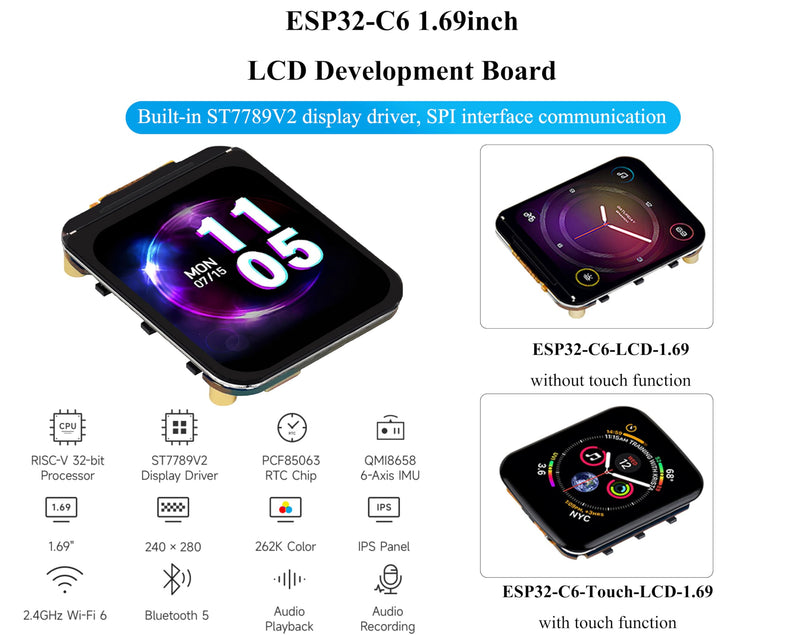 ESP32-C6 1.69inch LCD Development Board, 240x280 262K IPS LCD, Supports Wi-Fi 6 / BLE 5, 160MHz RISC-V Processor, ESP32 with Display, AI Speech, Support AI Voice Interaction, with Speaker