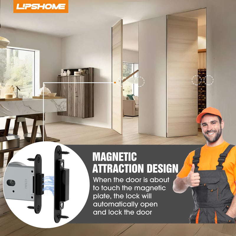 Magnetic Auto-Lock Invisible Door Lock - Single-Sided Hidden Design, Hidden Handle & Mini Keyhole, Aluminum Alloy for Bookshelf Doors/Invisible Doors/Secret Rooms (1, Black) 1