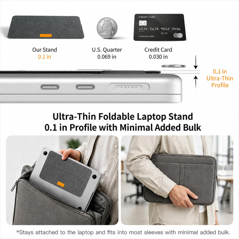 Adhesive Laptop Stand for Desk, Foldable Dual-Angle, 13–14 in | 0.1 in thin, 15°/25° dual-angle support, reusable adhesive, up to 11 lb, with 2 anti-slip pads
