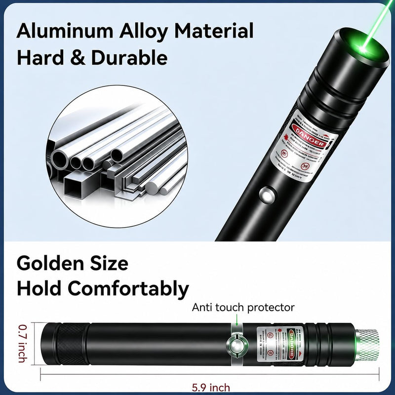 Green USB Rechargeable Laser Pointer, Single Beam, Removable Star Cap for Astronomy Green