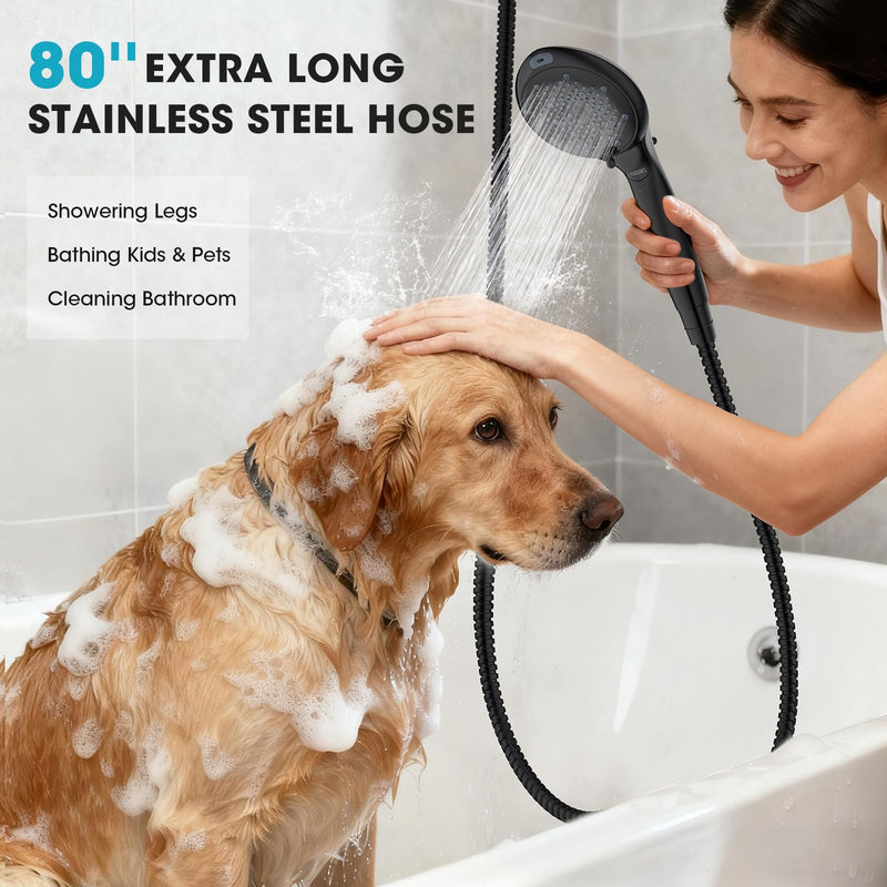FASDUNT Filtered Shower Head with Handheld, High Pressure 8-Mode Handheld Showerhead with Filters for Hard Water -Remove Chlorine, Built-in Power Wash, 80" Long Hose & Adjustable Bracket, Black 8 Spray-Settings Matte Black