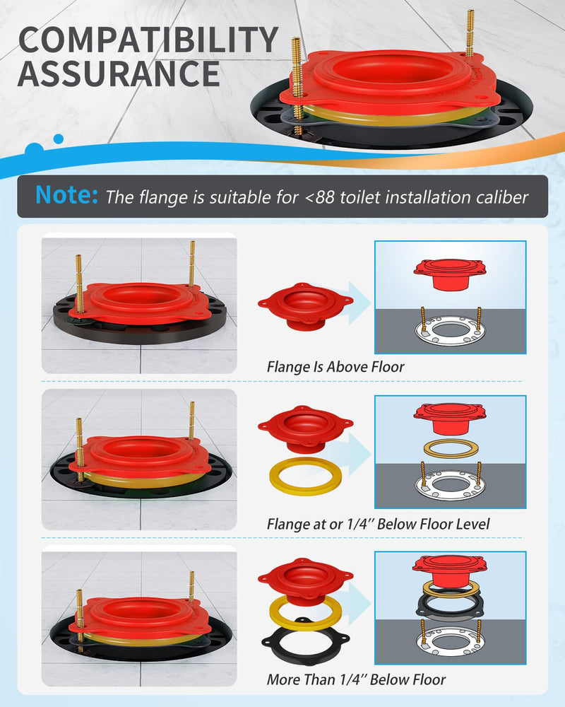 Universal Toilet Flange Repair Kit TF02-RI – Includes Flange, Elastic Wax Ring Gasket & Waterproof Sealing Tape with Brass Bolts, Better Than Toilet Wax Seal, Double Sealing Protection Flange+Caps+Tape Red