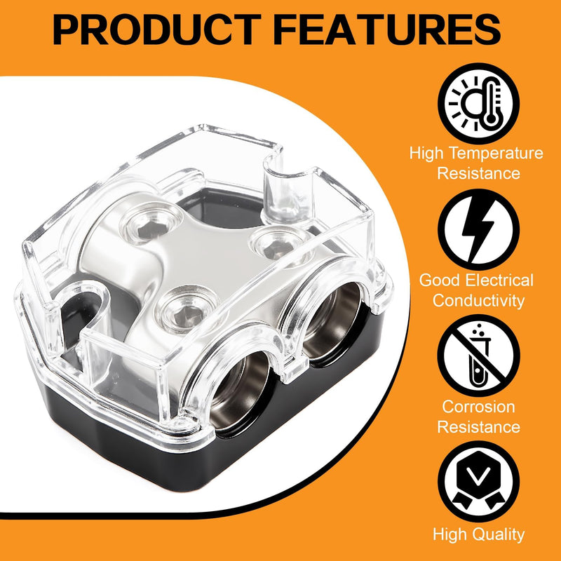 2 Way Power Distribution Block 1x 0 Guage in 2X 0 Guage Out Circuit Protector Distribution Connecting Blocks for Car Audio Splitter with Installation Accessories 2Ways-Kit4
