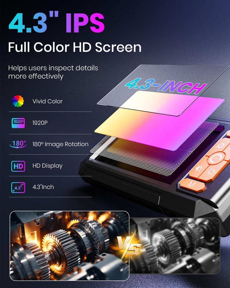 Endoscope Camera with Light,Borescope Cameras with 4.3" IPS 1920P HD Inspection Kamera IP67 Waterproof with 8 Adjustable LEDs 16.5 FT Semi-Rigid Cable Borescopes for Sewer Drain Pipe Cool Gadgets
