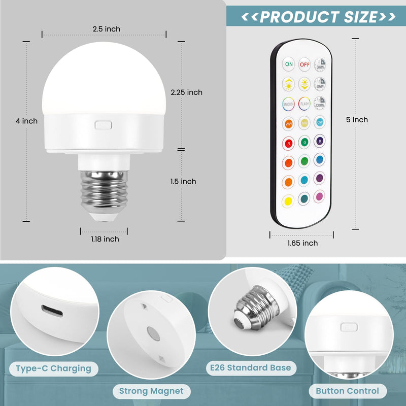 Rechargeable Battery Operated Light Bulb with Remote, Last 18-50 Hours 3000mAh Wireless LED Bulb with Timer and 15 Color Temperature, dimmable, Magnetic Puck Light for Non-Hardwired Fixture, 4 Pack White
