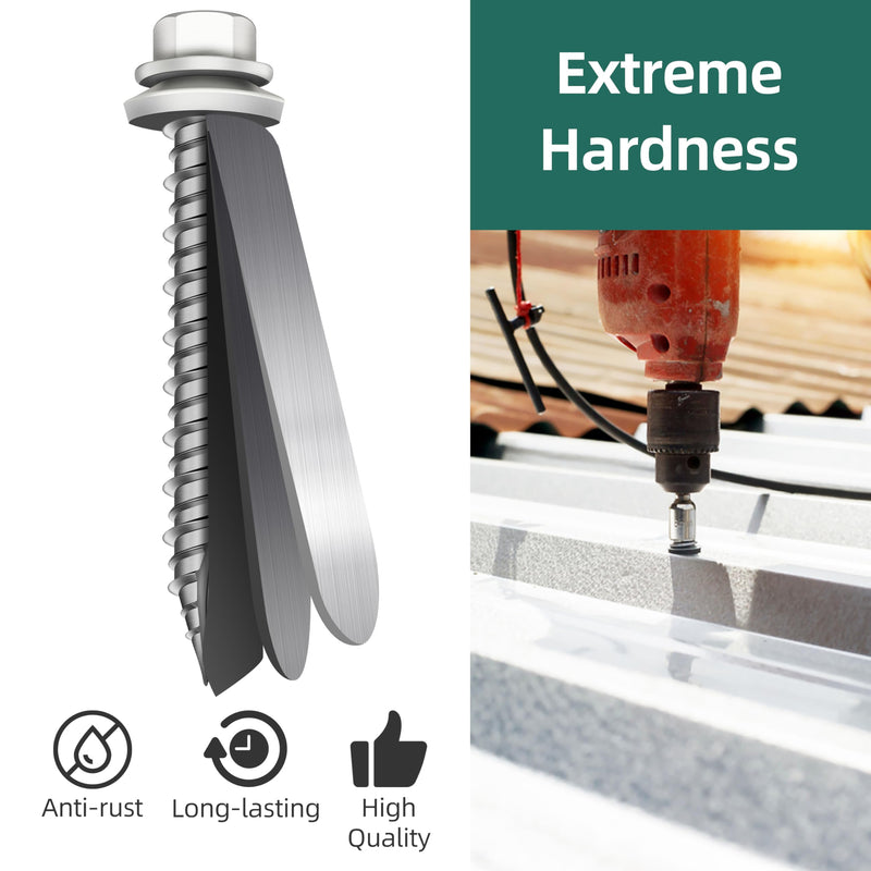 300Pcs #10 x 1-1/2 Inch Hex Head Metal Roofing Screws, WhiteCoated Hex Head Metal Roof Screws with Rubber Washer, Construction Self Tapping Screw with Hex Socket #10 x 1-1/2" White 300