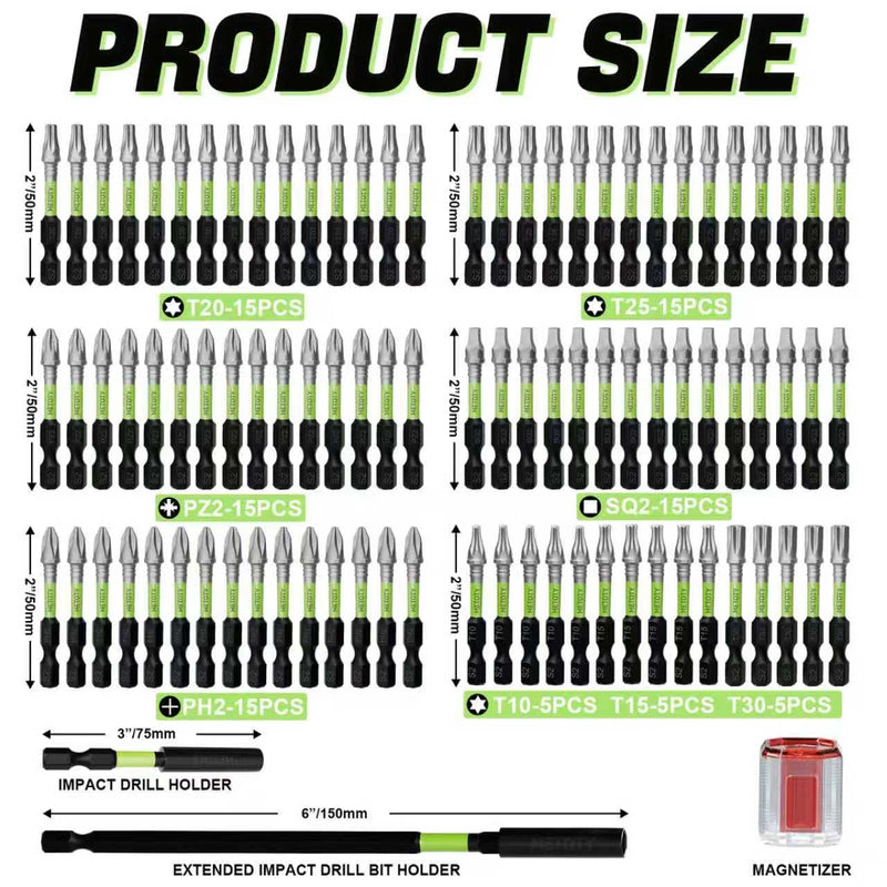 Magnetic Screwdriver Bit Set, 93-Piece Impact Ready S2 Steel Driver Bits with Magnetizer, Extension Bars, for Automotive, Repair & DIY Projects (PH/PZ/SQ/T/Torx) Mixed-93PCS (with Storage Box)
