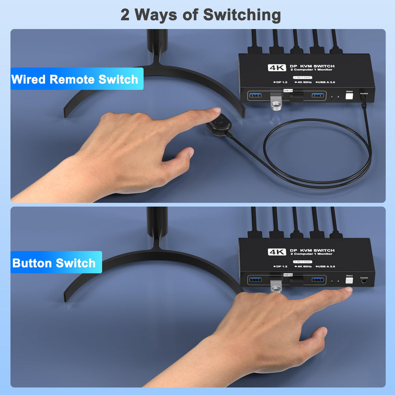 DisplayPort KVM Switch 1 Monitors 2 Computers, 4K@60Hz USB KVM Switches with 4 USB 3.0 Ports Sharing Keyboard Mouse Printer, Monitors Switch for 2 Computers, Display Port Switcher 2 in 1 Out