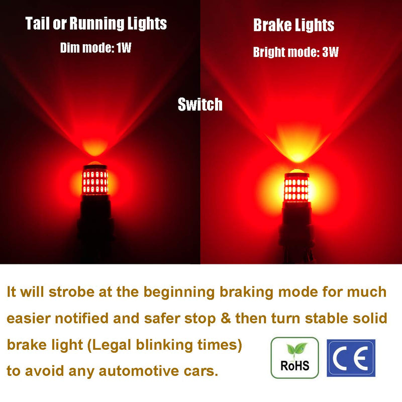iBrightstar 9-30V Flashing Strobe Blinking Brake Lights 7440 7443 T20 LED Bulbs with Projector Replacement for Tail Brake Stop Lights, Brilliant Red