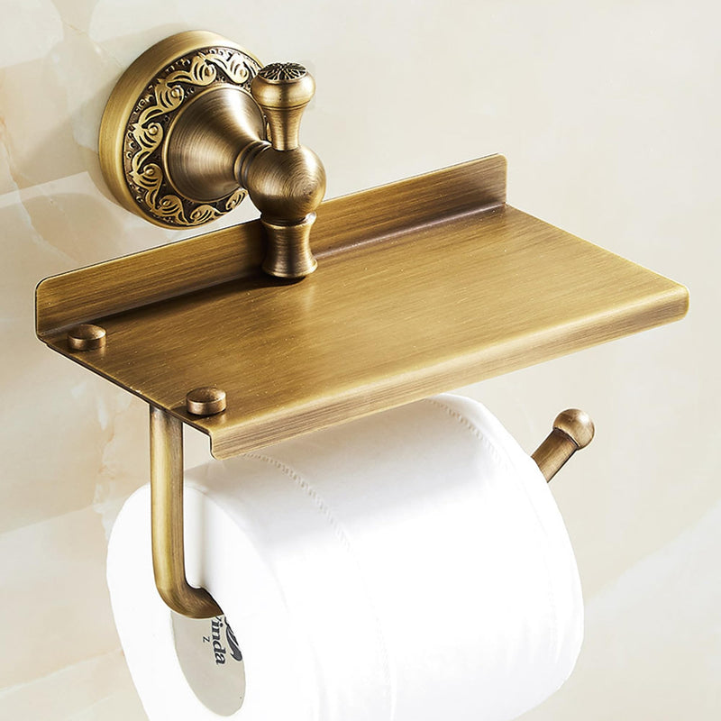 Toilet Paper Holder with Phone Shelf, Bathroom Toilet Paper Roll Holder Antique Bronze Brass Wall Mounted Bathroom Hardware Accessories,Pattern Carving Design