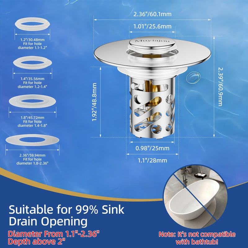 2 Pack 3-in-1 Universal Sink Drain Strainer,Muyiajou Pop Up Stopper with Hair Catcher, Stainless Steel Replacement Plug with Removable Filter Basket for 1.1" to 2.36" Bathroom Sink Basin (2, Silver)