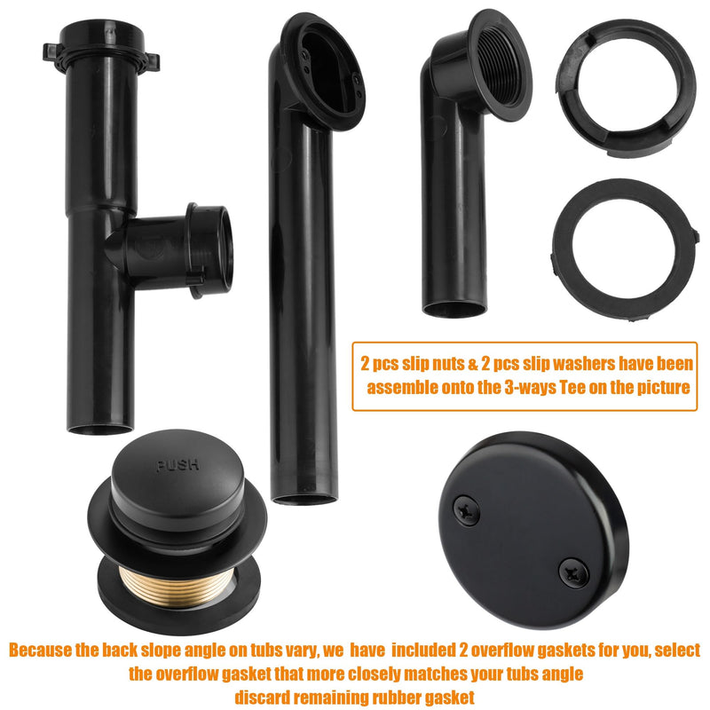 Artiwell 1-1/2" Black Tubular Bath Drain Kit with Tip-Toe Bath Drain Stopper, Touch-Toe Tub Drain, Tip Toe Bathtub Drain Waste and Overflow with Plug and Bathtub Overflow Drain Cover, Matte Black