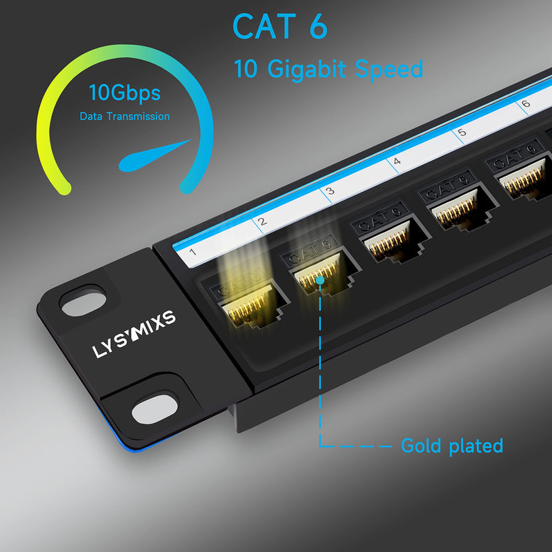 Cat6 Patch Panel 24 Port with Keystone, RJ45 Network Panel 19 Inch, Punch Down Keystone Ethernet Patch Panel with Back Bar Black 24port