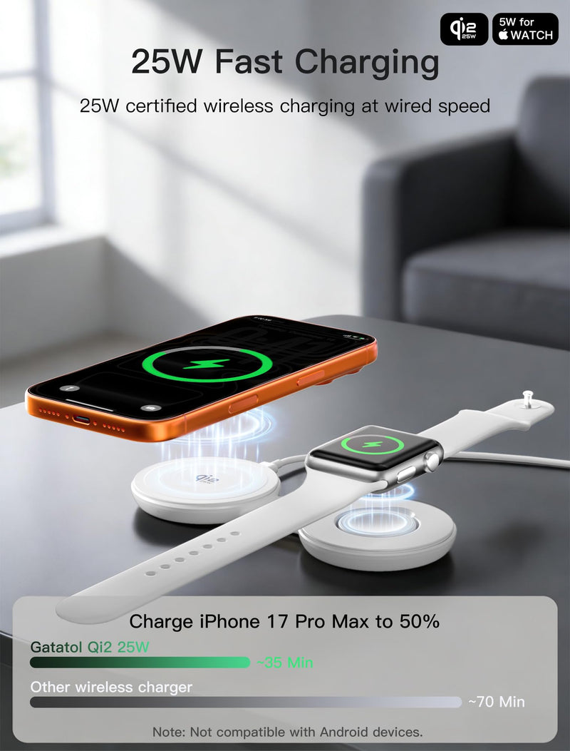 2 in 1 Magnetic Wireless Charger, Qi2 25W Fast Charging Travel Station Pad Compatible with MagSafe for iPhone Air/17/16/15/14/13/12, 5W for Apple Watch, AirPods 4/3/2/Pro with 30W Adapter (White) White