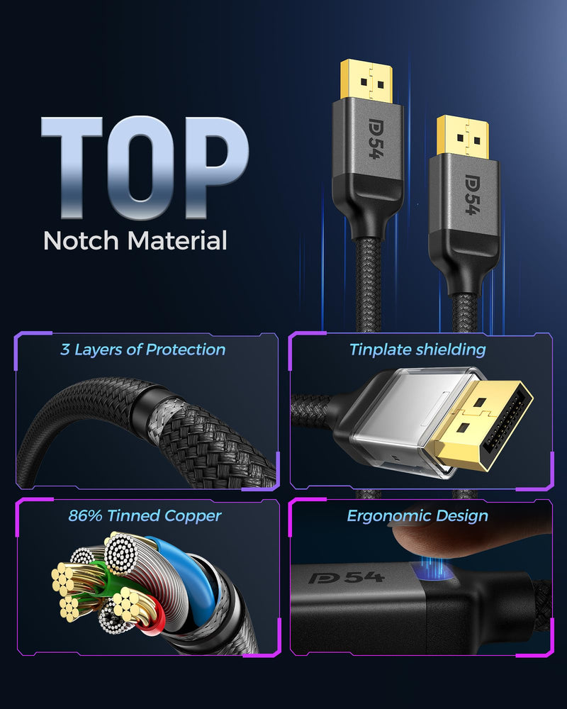 Silkland 54Gbps VESA Certified DisplayPort 2.1 Cable, DP 2.1 Cable 10FT [16K@30Hz, 10K@60Hz, 8K@120Hz, 4K@240Hz 165Hz 144Hz] HDR10 HDCP DSC 1.2a, Display Port Cord for FreeSync G-Sync Gaming Monitor 10 Feet Grey