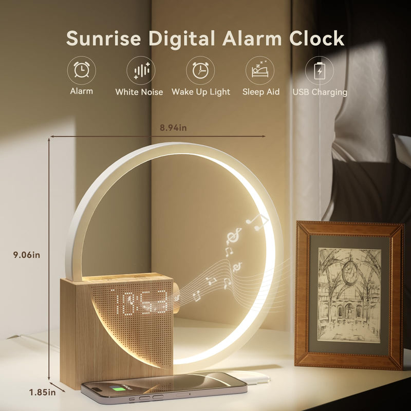 Vivilumens Sunrise Alarm Clock Sound Machine Nightlight, Gradual Wake Up Light, Digital Dimmable Clock, 10 White Noise Sleep Sounds, Snooze, Dual Clocks for Heavy Sleeper Adult, Decor Gifts for Women New Wood Grain
