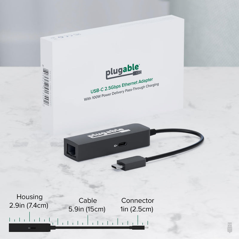 Plugable USB C to Ethernet Adapter 2.5Gb with 100W USB-C PD Charging, 2.5 Gigabit Type C USB Ethernet Adapter for Windows, MacBook, Chrome, iPad, Surface, XPS, Thunderbolt 4, USB4 (USBC-E2500PD)