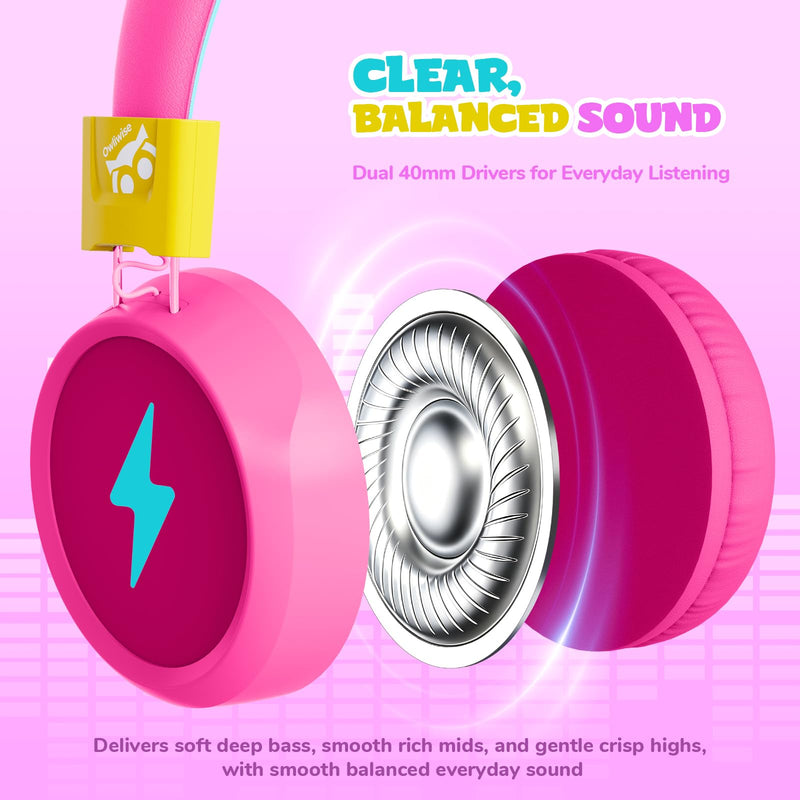 Owliwise Kids Headphones for School and Travel, Safe 85/94dB Volume Limiter, HD Microphone, Stereo Sound, Over-Ear Foldable Wired Headphones, 3.5mm Jack for iPad Cord, Chromebook, Boys Girls Pink