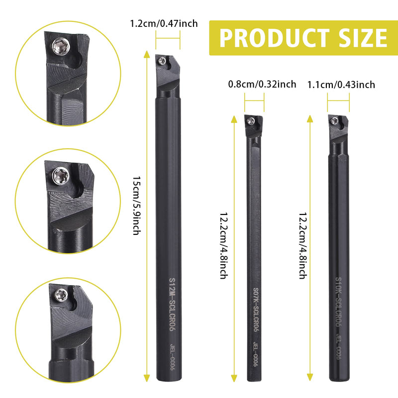 VerRich 13 Pcs Indexable Lathe Turning Tool Kit,3pcs Lathe Boring Bars S07K/S10K/S12M-SCLCR06 and 10Pcs Carbide Inserts CCM21.51/CCMT060204