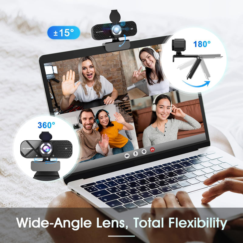 TRAUSI 2K Full HD Webcam with Auto Light Correction, Noise-Canceling Mic, Privacy Cover and Wide Angle Lens, Plug & Play USB Camera for Desktop/Laptop/Mac/PC, Compatible with Teams/Zoom/Streaming Jet Black