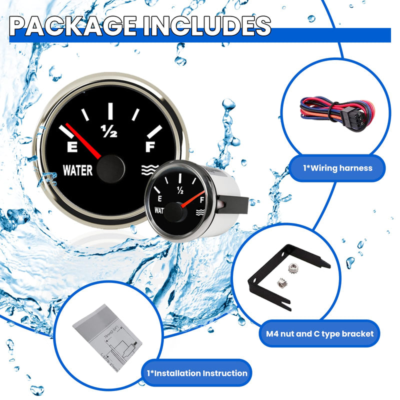 Water Level Gauge，52mm Liquid Level Meter, 240-33ohm/0-190ohm ，9-32V Universal Water Tank Gauge for Boats,RVs,Yachts,Motorcycles,Trucks,Cars,Vehicle,Marine Holding Tanks (0-190ohm) 0-190ohm
