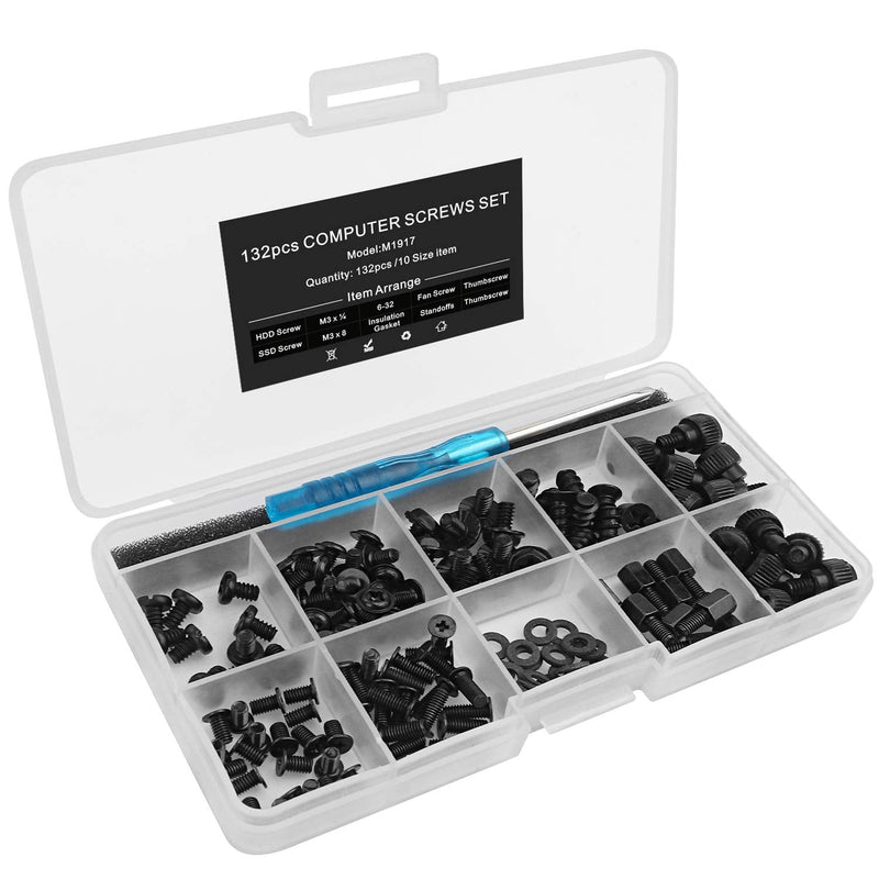 132pcs PC Build & Repair Screw Kit with Screwdriver for Motherboard, GPU,HDD, SSD,Case Fans -Includes Standoffs & Thumbscrews