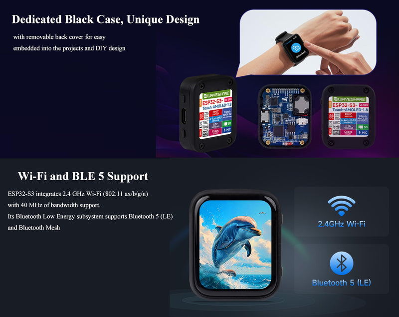 ESP32-S3 1.8inch AMOLED Touch Display Development Board, 32-bit LX7 Dual-Core Processor, 368×448 Pixels, Onboard Audio Codec, Support Offline Speech Recognition and AI Speech Interaction