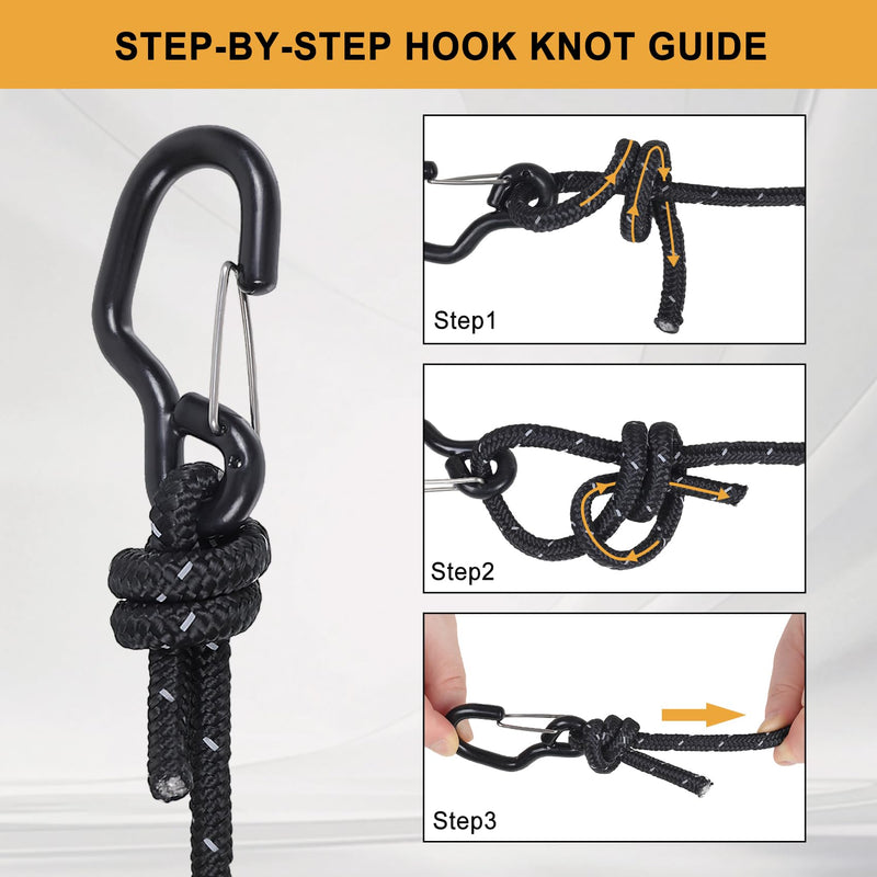 Ayaport Rope Tie Down Ratchet with Carabiner Clip 1/4" x 12' Rope Cord Tightener Heavy Duty Construction Kayak tie Downs for Tent, Tarp, Camping Black 1/4"x12'-2pcs