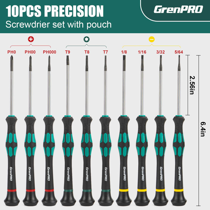 10-Piece Precision Screwdriver Set, Magnetic Small Screwdrivers with Phillips, Slotted, Torx Star for Eyeglass, Watch, Computer, Laptop, Phone Green