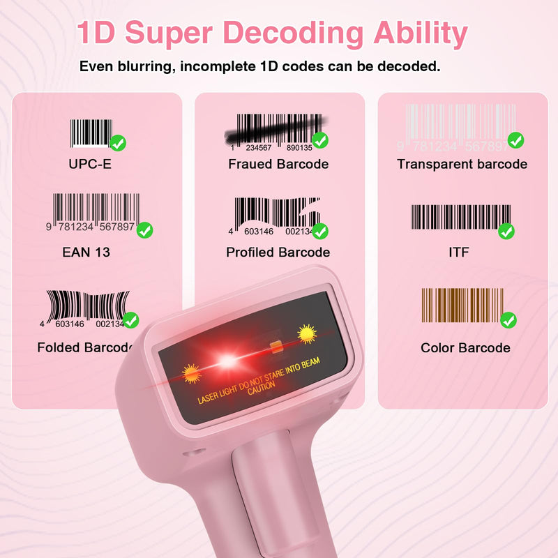 USB Wireless Barcode Scanner,Symcode Handheld Laser 1D Bar Code Reader Scanner (2.4GHz Wireless & USB2.0 Wired) Rechargeable Cordless 1D Barcode Scanner Wireless 1D Wireless Scanner Pink