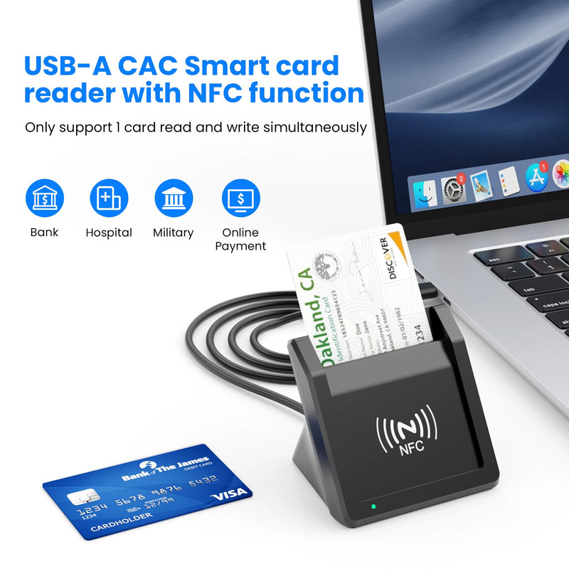 Smart Card Reader with NFC,USB A/C CAC Reader Military DOD Common Access ID Bank Chip Card Reader 2-in-1 Contact and Contactless Compatible with Mac Os, Windows 10/11,Mac OS,Android and Linux Black