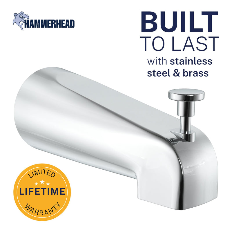 HammerHead Showers Solid Metal Tub Spout with Diverter, Slip On Bath Tub Spout for ½” Copper Pipe, Easy Install Bathtub Faucet, Chrome