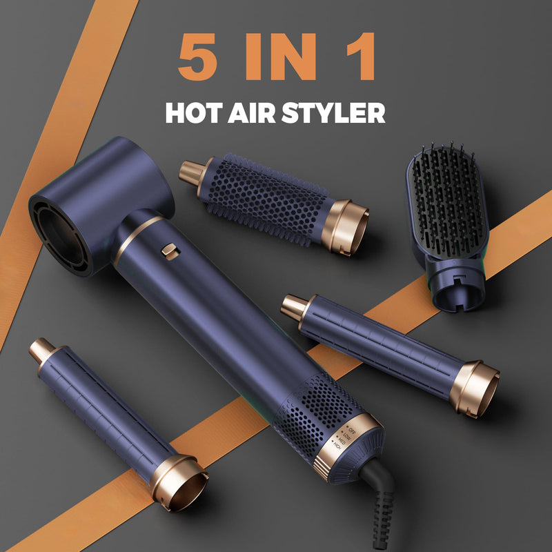 5 in 1 Hair Styler Airbrush Hairstyer Air Brush 5 in 1 Air styer | Airstyler Multi-Blow Dryer Brush Set with Curl, Straighten, Wavy, Smooth, Magic Styler for All Hair Types and Lengths Blue Gold