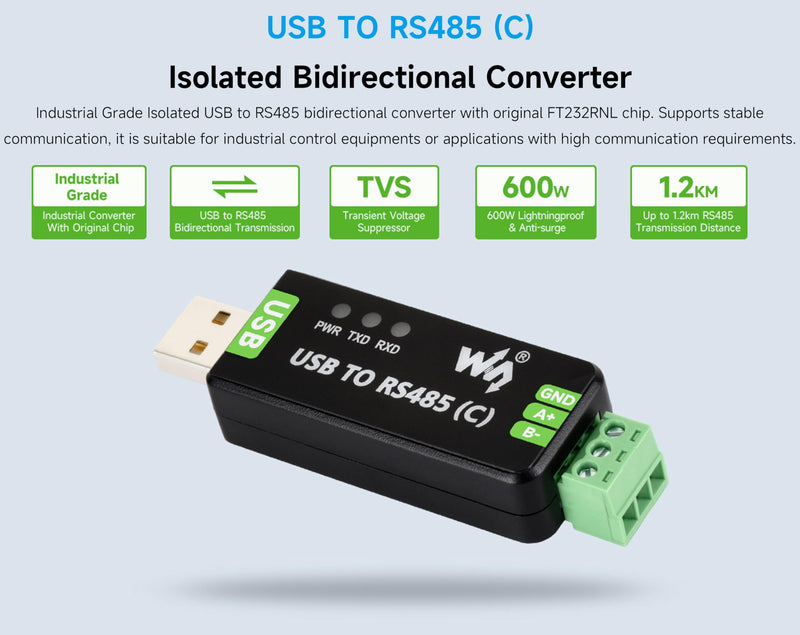 USB to RS485 Bidirectional Converter, with FT232RNL Stable Chip, Industrial Grade Isolated Adapter, with Isolated Transceiver and TVS Protection Circuits, etc. Up to 1.2km RS485 Transmission Distance