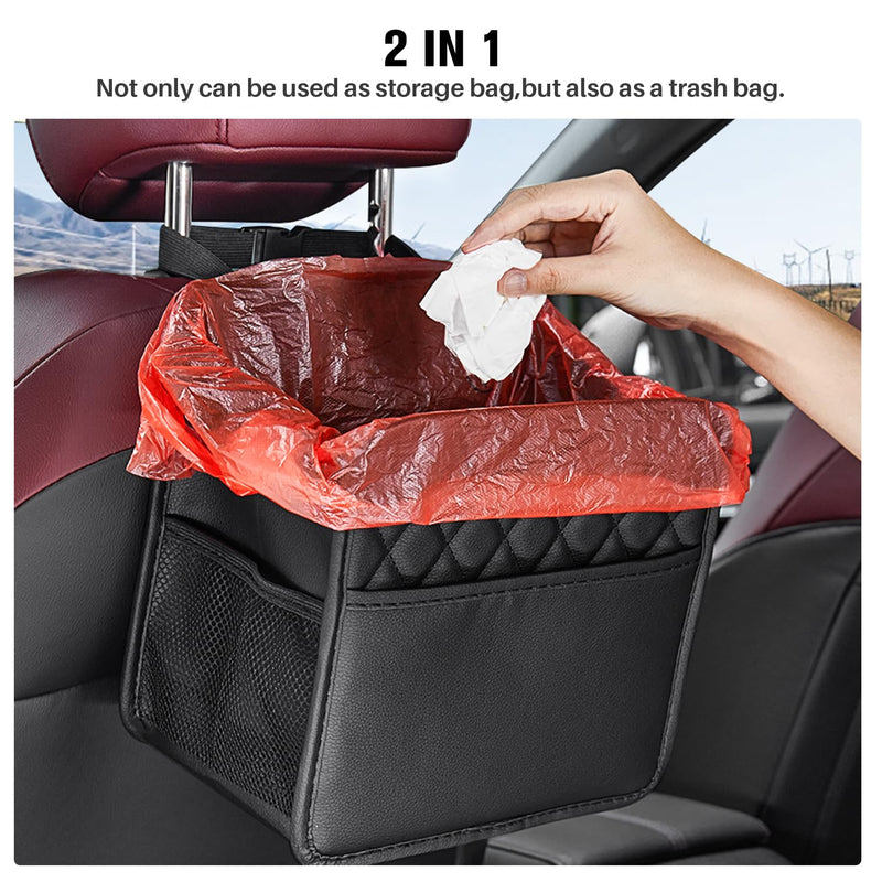 LXUNYI Car Organizer Back Seat, 2 Pack Waterproof Pu Leather Car Seat Storage Bag Large Foldable Universal Hanging Car Seat Back Organizer for Kids & Adults with Cup Holders Car Travel Accessories Black 2Pack Large