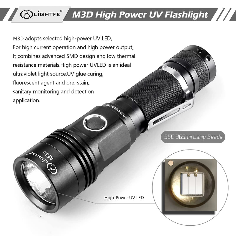 LIGHTFE Black Light M3D-365nm UV Flashlight USB Charging Port LED Handheld Torch High Power Power Output for UV Glue Curing, Pet Urine Detection, AC Leak Detection