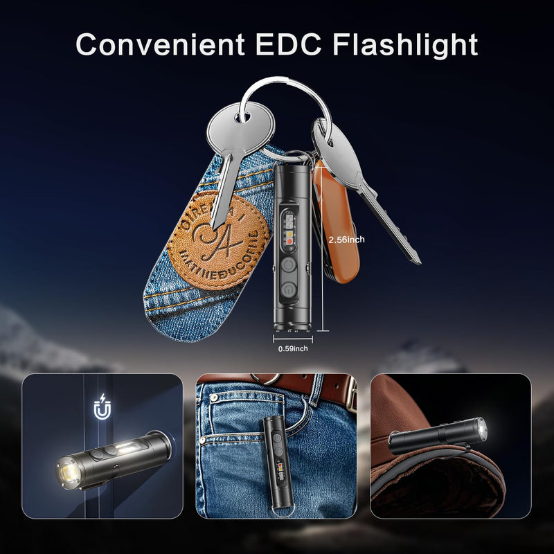 Taclite Mini – Ultimate Everyday Micro Tool K2 Mini Flashlight with COB Light, 6-in-1 Rechargeable Keychain Torch, Side Lights, Strobe, Magnet, Window Breaker, Electric Lighter – EDC Survival Tool Black