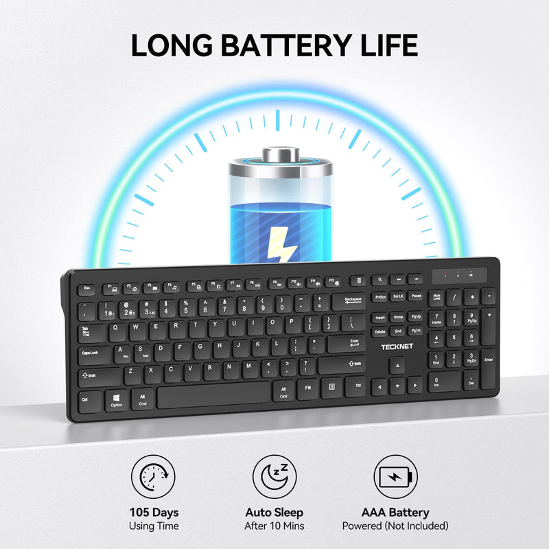 TECKNET Wireless Keyboards Full Size, Bluetooth+2.4G USB for Windows, Black | External Cordless Computer Keyboard with Number Pad, Multi Device for PC, Desktop, Laptop, Chromebook, AAA Battery Operated