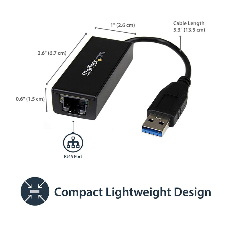 StarTech USB 3.0 to Gigabit Ethernet NIC Network Adapter - USB to RJ45 for 10/100/1000 Network USB-A 1Gbps Black
