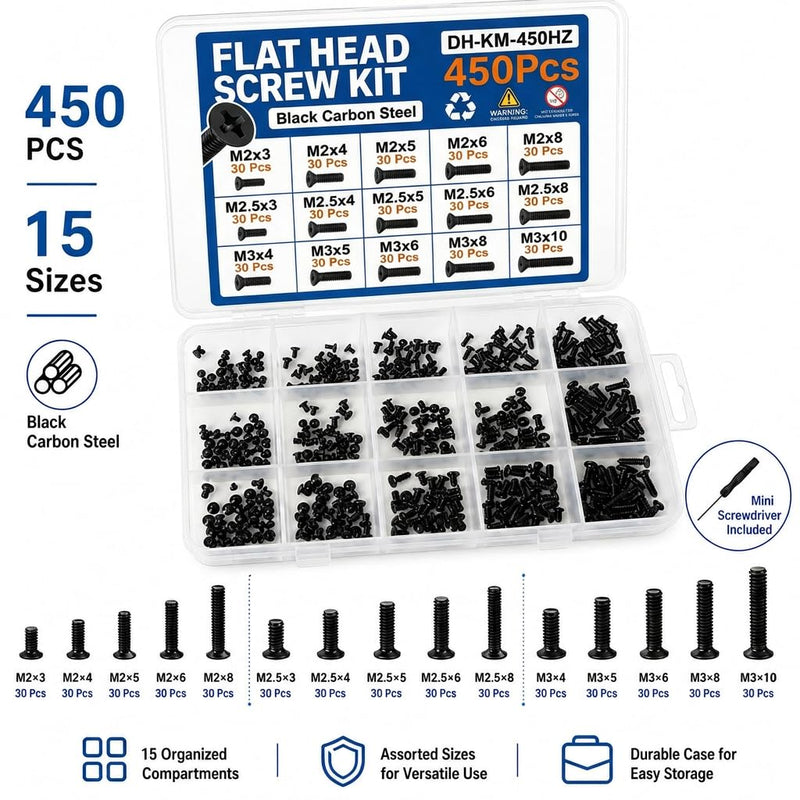 Laptop & PC Screw Kit, 450 Pcs, 15 Sizes, M2/M2.5/M3, Flat Head | Black carbon-steel flat-head Phillips screws with a mini screwdriver and labeled storage case for laptop, SSD and HDD repair