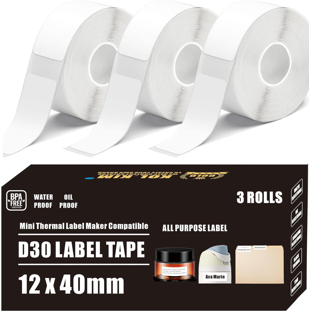 D30 Label Tape, 540 Labels 12x40mm White Thermal Label Paper for Phomemo D30 Labels Tape Printer Maker Tape Refill Replacement for Print Master D30 Labels Refill 12mm x 40mm (0.47 x 1.57 Inch) White 12 X 40 Mm White 3 Rolls