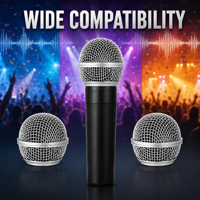 Microphone Head Replacement, Silver, 4 Pack with Black Inner Covers | Microphone Mesh Grill, Compatible with SM58, For Studio and Live Performances