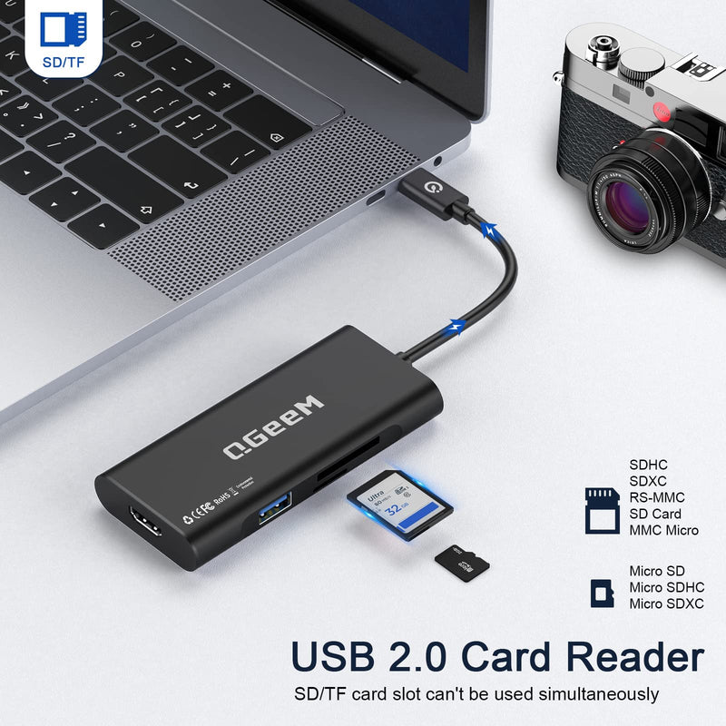QGeeM USB-C 7-in-1 Dongle with 100W PD, 3x USB 3.0, SD/TF Card Reader, Compatible with MacBook, iPad, Dell XPS & More - Black