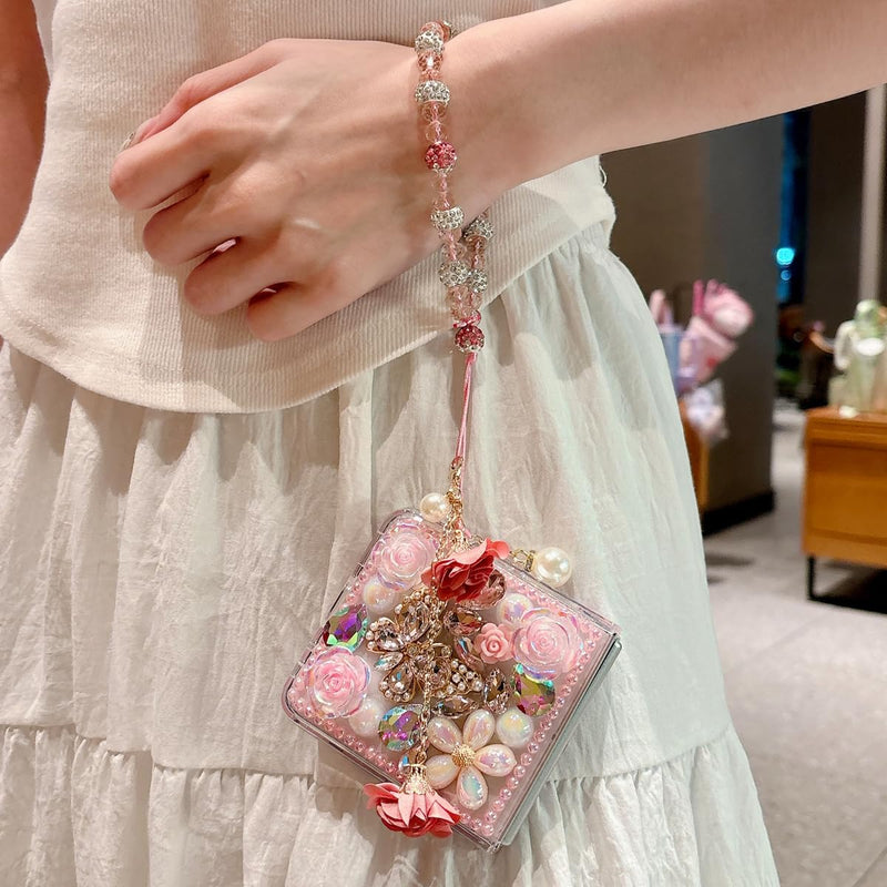 Changjia for Samsung Galaxy Z Flip 8 5G Glitter Bling Case,Cute 3D Sparkle Pearl Butterfly Crystal Rhinestones Flowers Diamonds Gems with Lanyard Wrist Strap Women Girls Case for Galaxy Z Flip 8,Pink Pink