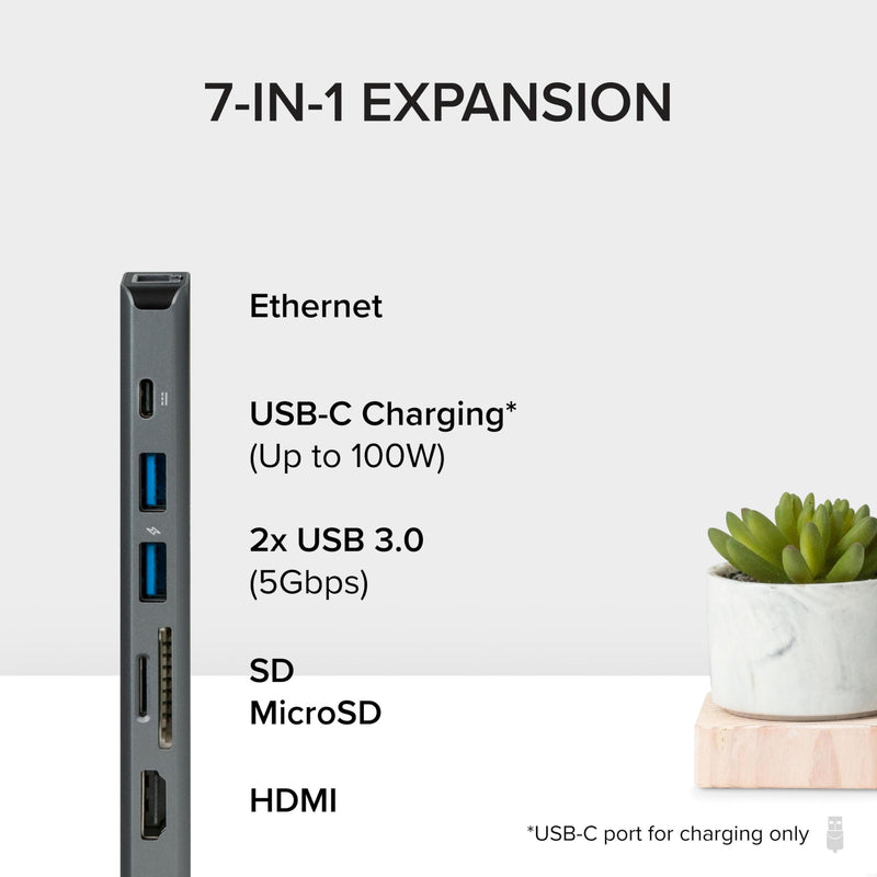 Plugable 7-in-1 USB C Hub Multiport Adapter with Ethernet Driverless Compatibility with Mac, Windows, iPhone 15, Chromebook, USB4, Thunderbolt, 100W Charging, Ethernet, 4K60Hz HDMI, 2X USB, SD/microSD