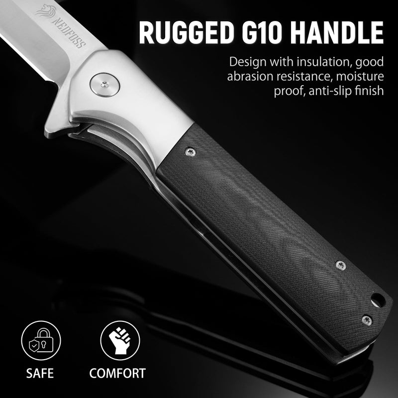 NedFoss Beast Large Pocket Knife for Men, 4" D2 Steel Blade, G10 Handle | Liner Lock, Heavy Duty, 8.25oz, Brass Ball Bearing, Folding Tactical Knife with Clip for Hiking Camping Gifts for Men Women Silver - 4"