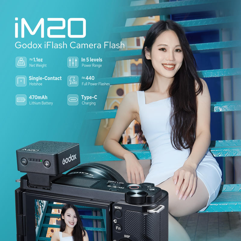 Godox iM20 Compact Mini Camera Flash Hot Shoe | 440 Full-Power, GN10, 5 Adjustable Power Levels, Hot-Shoe Mount, 3s Recycle Time, Compatible with Sony Canon Nikon Fuji