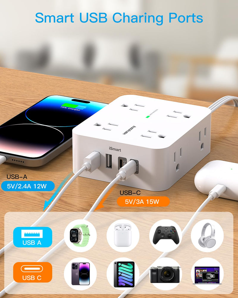 15 Ft Long Extension Cord with Multiple Outlets, Flat Plug Power Strip | Surge Protector, 1080J, 8 Outlets 4 USB Ports(2 USB C), Desk Outlet Extender, Wall Mount, Home Office Dorm Room Essentials 15ft White